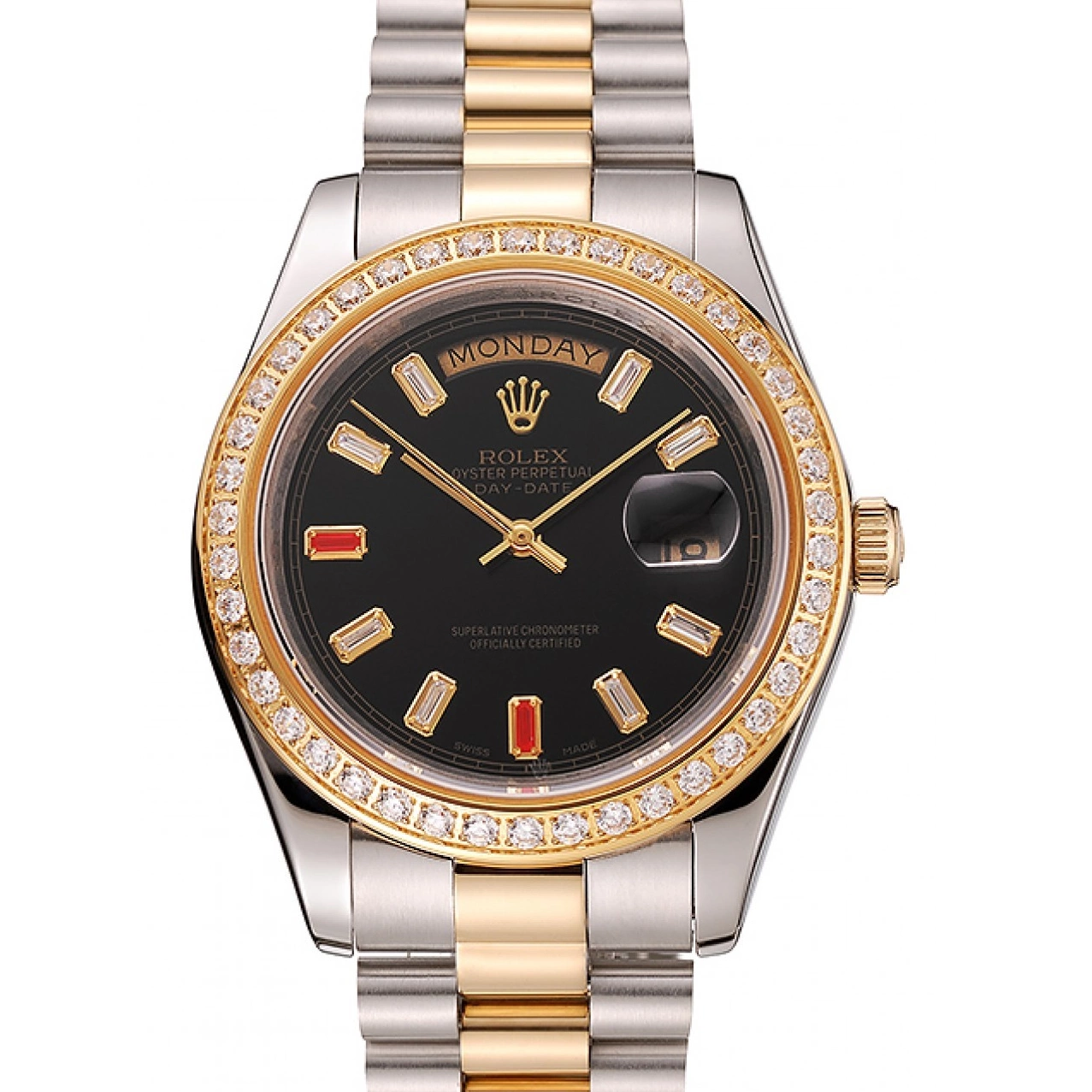 Tone Day-Date Rubies Diamonds Dial Swiss Black Two Rolex 1454105 And Bracelet 0816